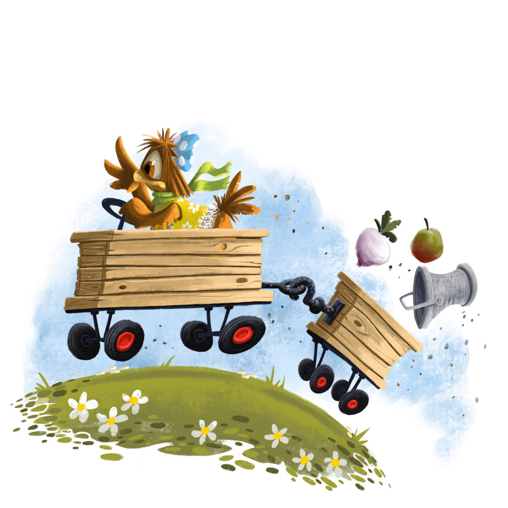 A chicken in a wagon