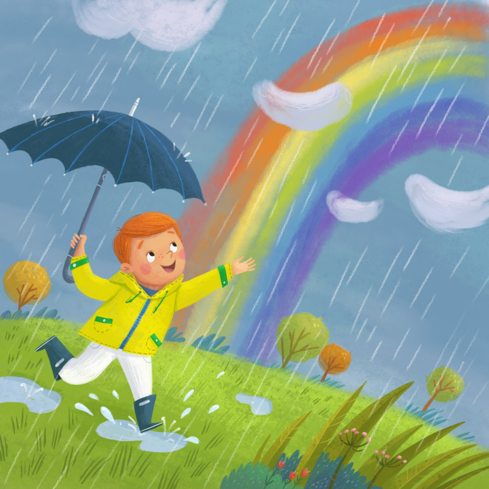 The Sky - Boy with Umbrella in the Rain and Rainbow