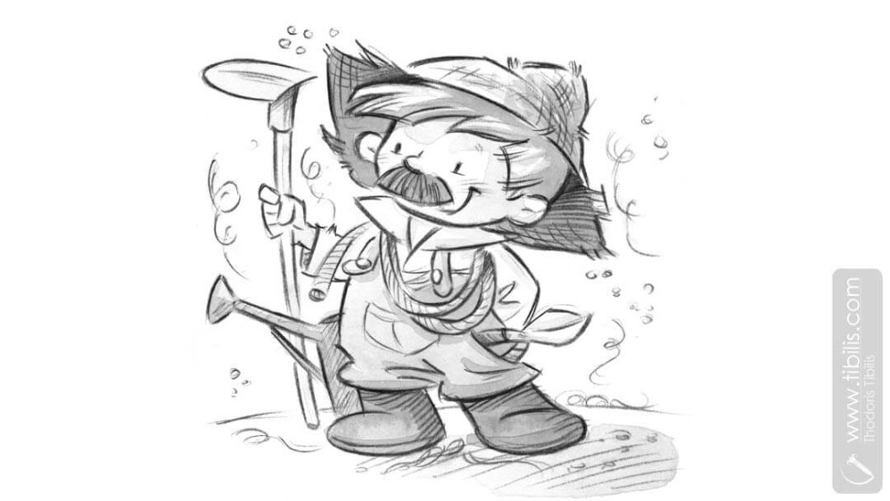 Happy Farmer | Black & White Storybook Illustration | Pencil & Watercolor