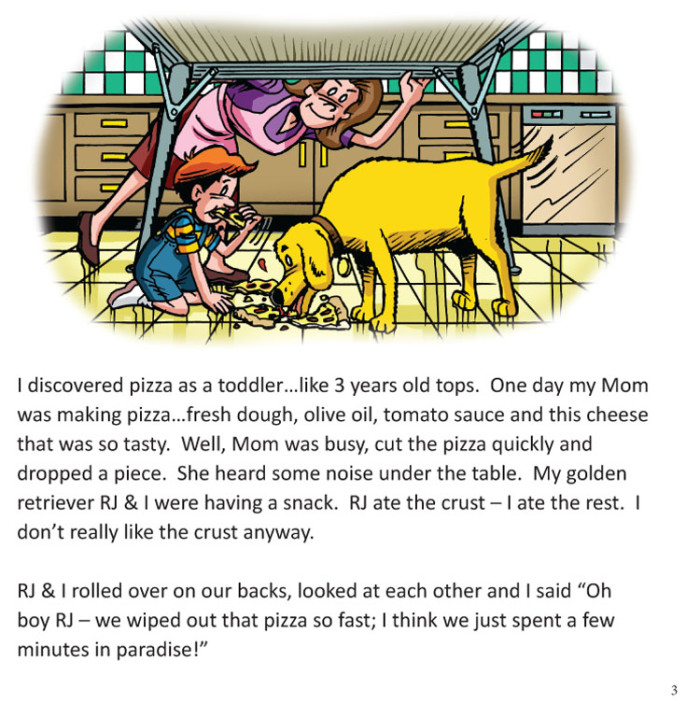 Image 02- Giy under table with dog eating spilt pizza.