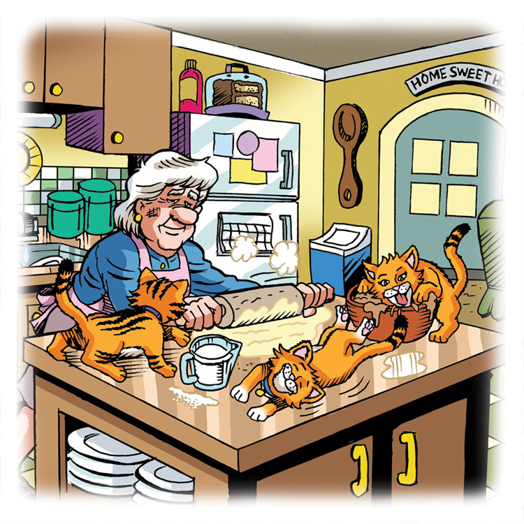 Image 03- Ma makes cookies as kittys play.