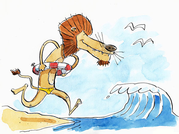 Lion learns to swim