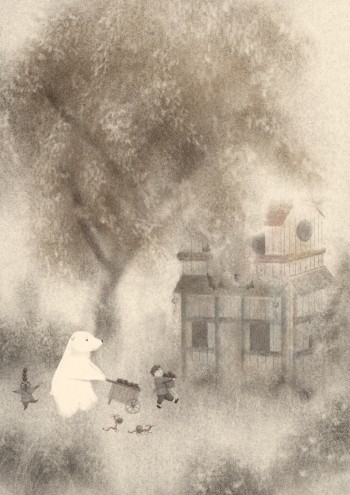 Boy_polar_bear_otter_dragons_apples_house_tree
