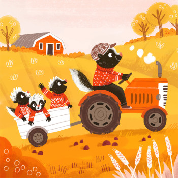 Skunk family enjoying a hayride on a beautiful fall day