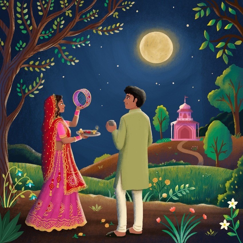 Karwa Chauth Moonlight Illustration