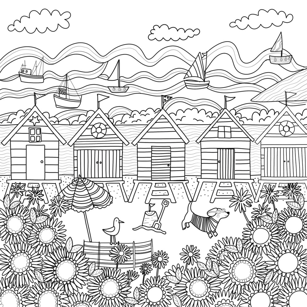 Beach huts colouring in book page