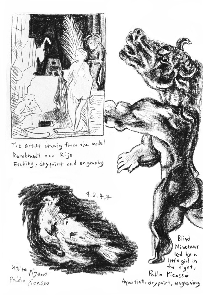 Picasso’s Minotaur at British Museum, black and white, charcoal