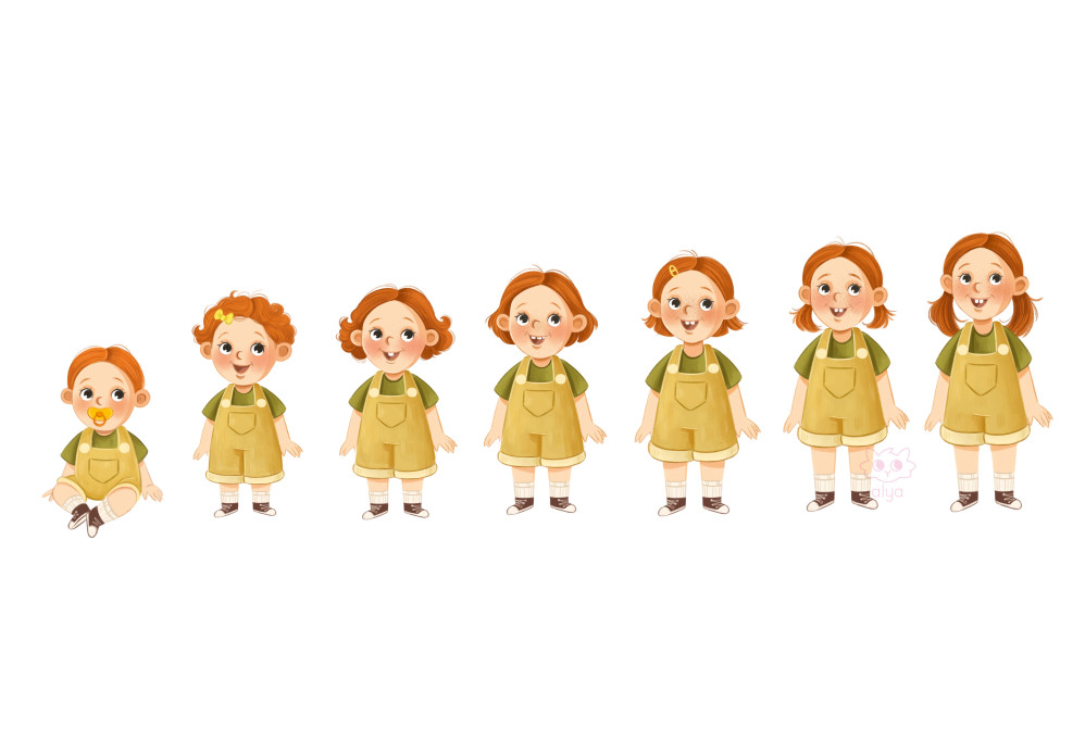 Girl from age 0 to 6 - character design
