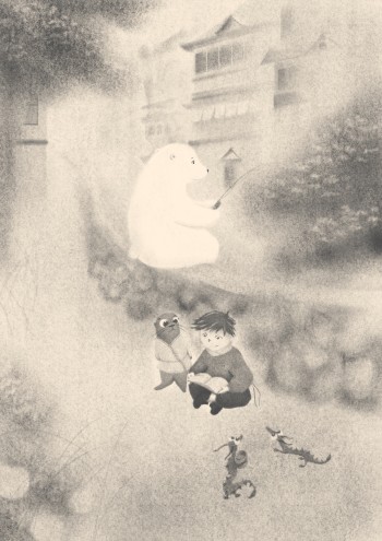 Boy_polar_bear_otter_dragons_fishing_reading_village