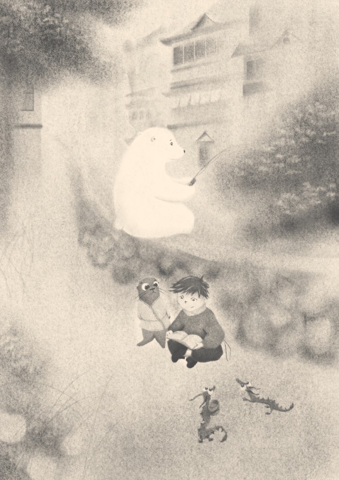 Boy_polar_bear_otter_dragons_fishing_reading_village