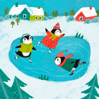 Winter Joy: Cute Penguins Skating on a Pond