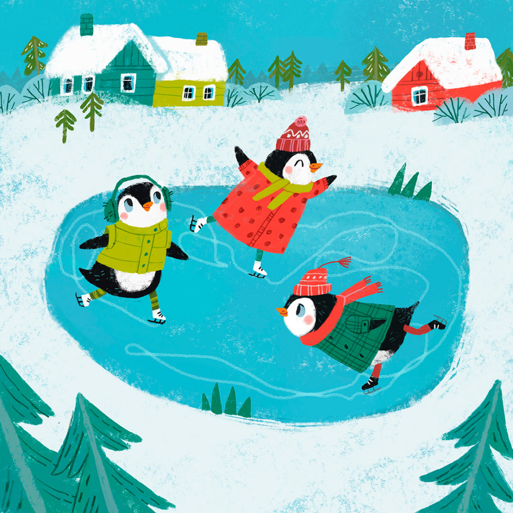 Winter Joy: Cute Penguins Skating on a Pond