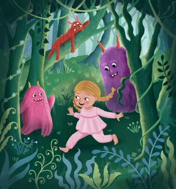 Whimsical-monsters-little-girl-forest
