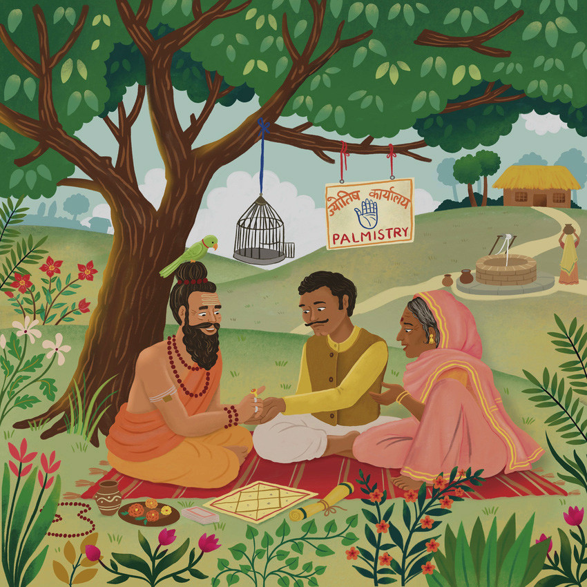 Village Palmistry Scene – Cultural Storybook Illustration