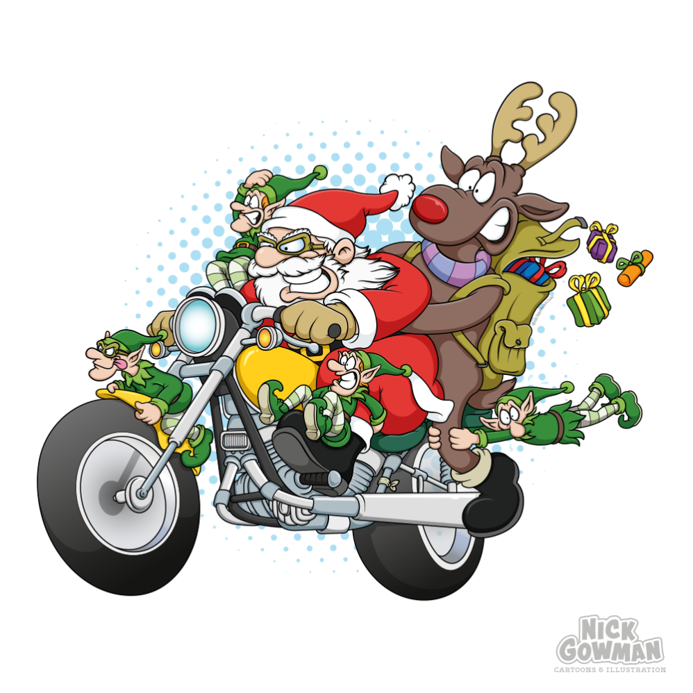 Cartoon Santa and Friends riding a Motorcycle