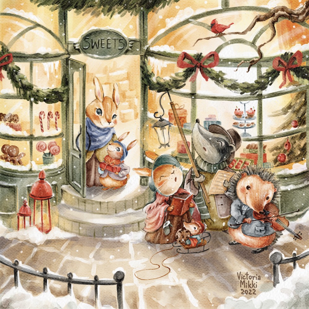 Vintage watercolor illustration of animals during Christmas time