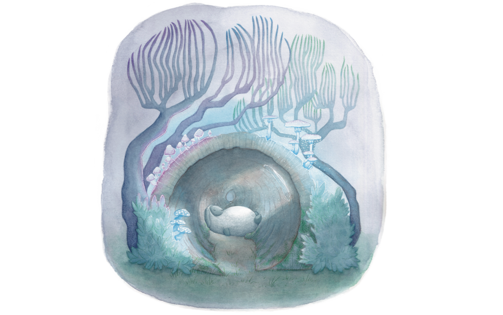 Traditional Watercolour and Pencil - Tofu Sleeps in a Log