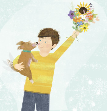 Boy dog flowers