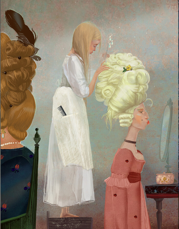 Cinderella styles her sisters' hair.
