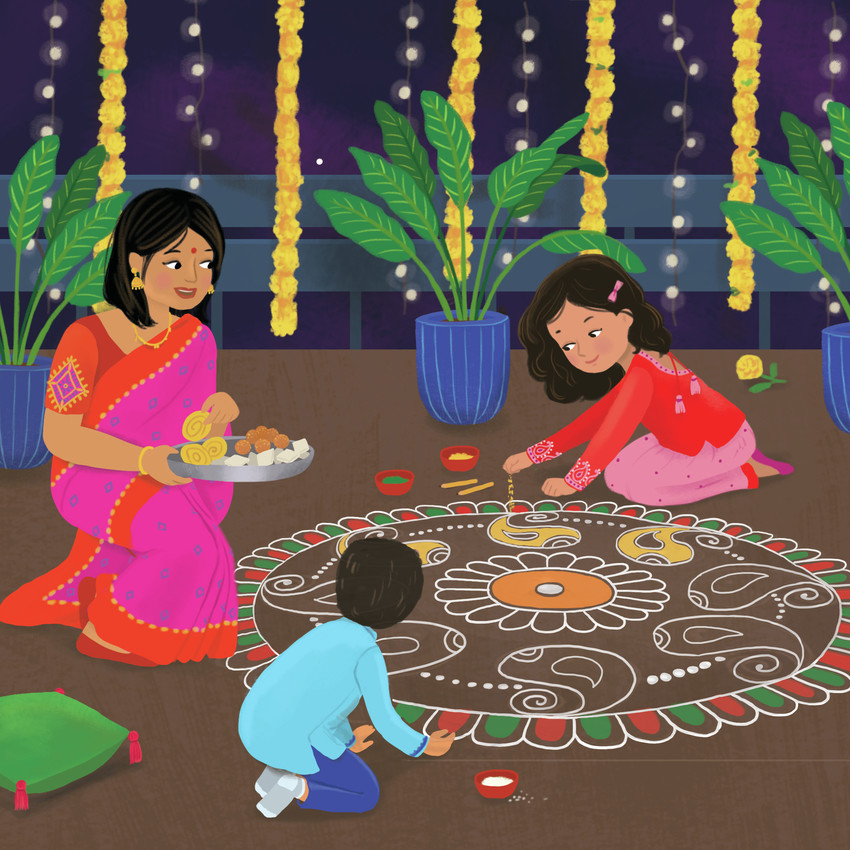 Diwali Rangoli Celebration – Family Festival Illustration